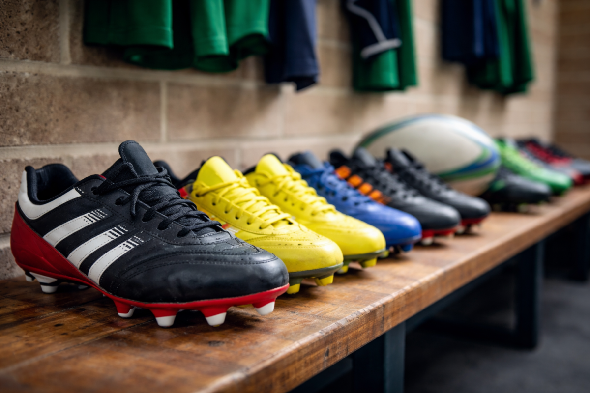 Rugby boots lined up in a changing room showing different sizes and styles