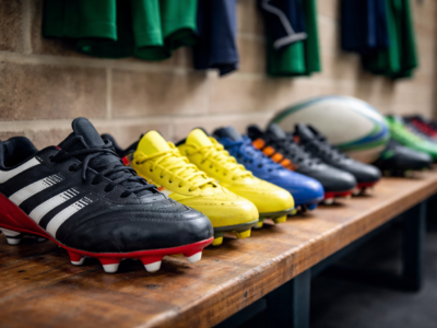 Rugby boots lined up in a changing room showing different sizes and styles