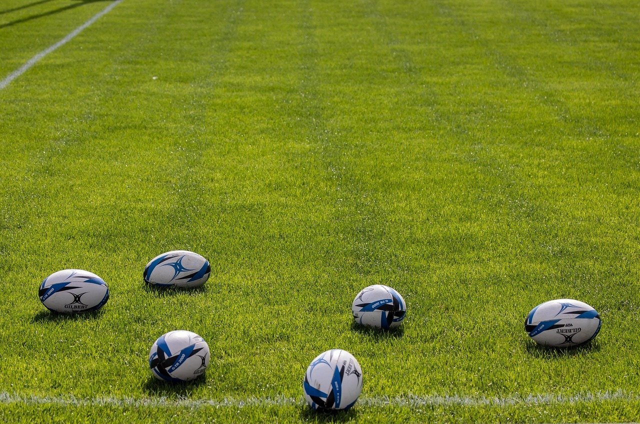 Rugby balls on a pitch